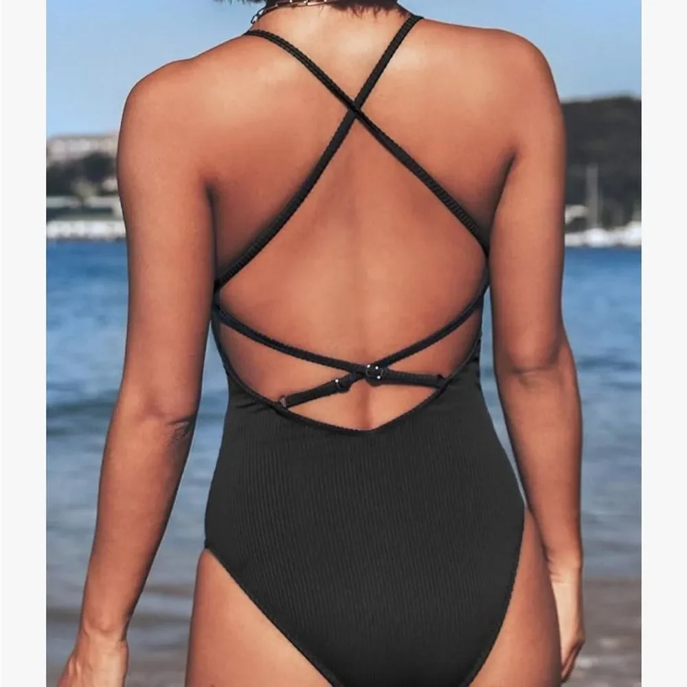 NWT Small CUPSHE Women's Ribbed Solid Color‎ V Neck Lace Up One Piece Swimsuit